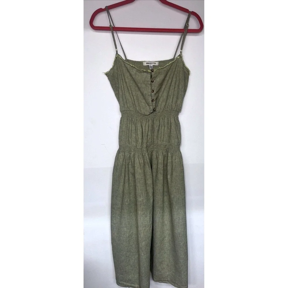 Urban Outfitters Linen Blend Midi Dress Sage Olive Green Smocked Button Front M - Picture 2 of 13